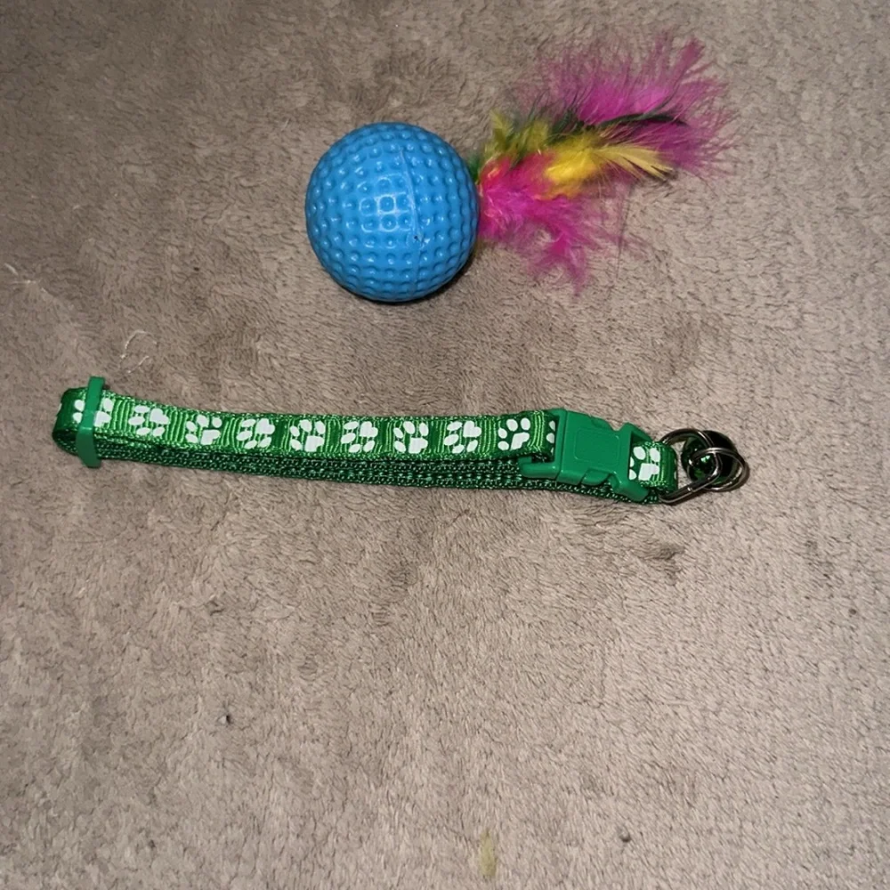 Cat green paw print adjustable collar with bonus feather ball toy New